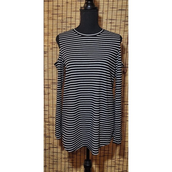 APT 9 - Black & White Striped Shoulder Out Shirt - Picture 2 of 4